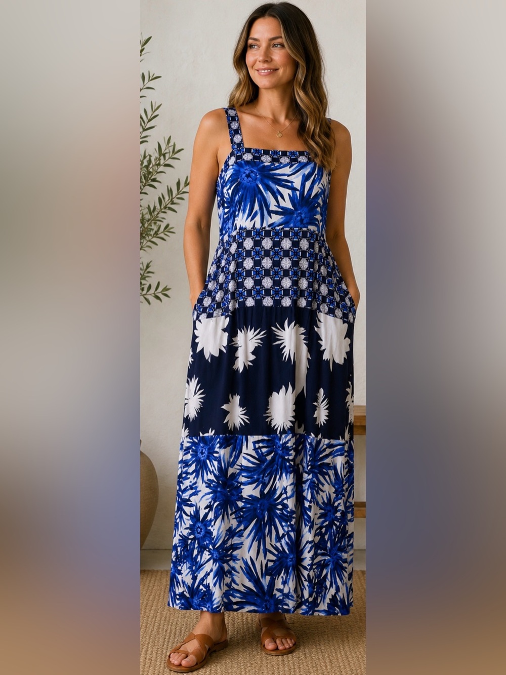 1.STATE Beach Blue White Floral Patchwork Maxi Dress Smocked Back Resort, XL